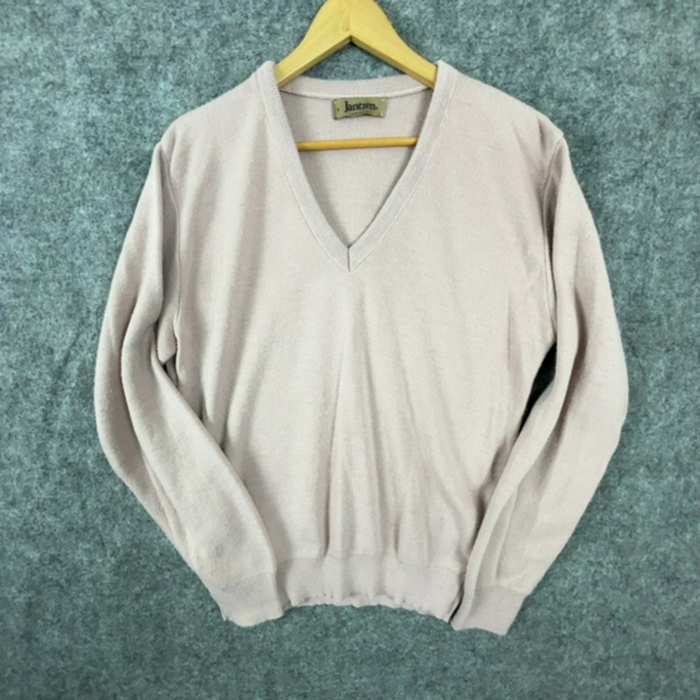Vintage Jantzen Sweater Mens Large Pink Tight Knit V-Neck Long Sleeve Pullover